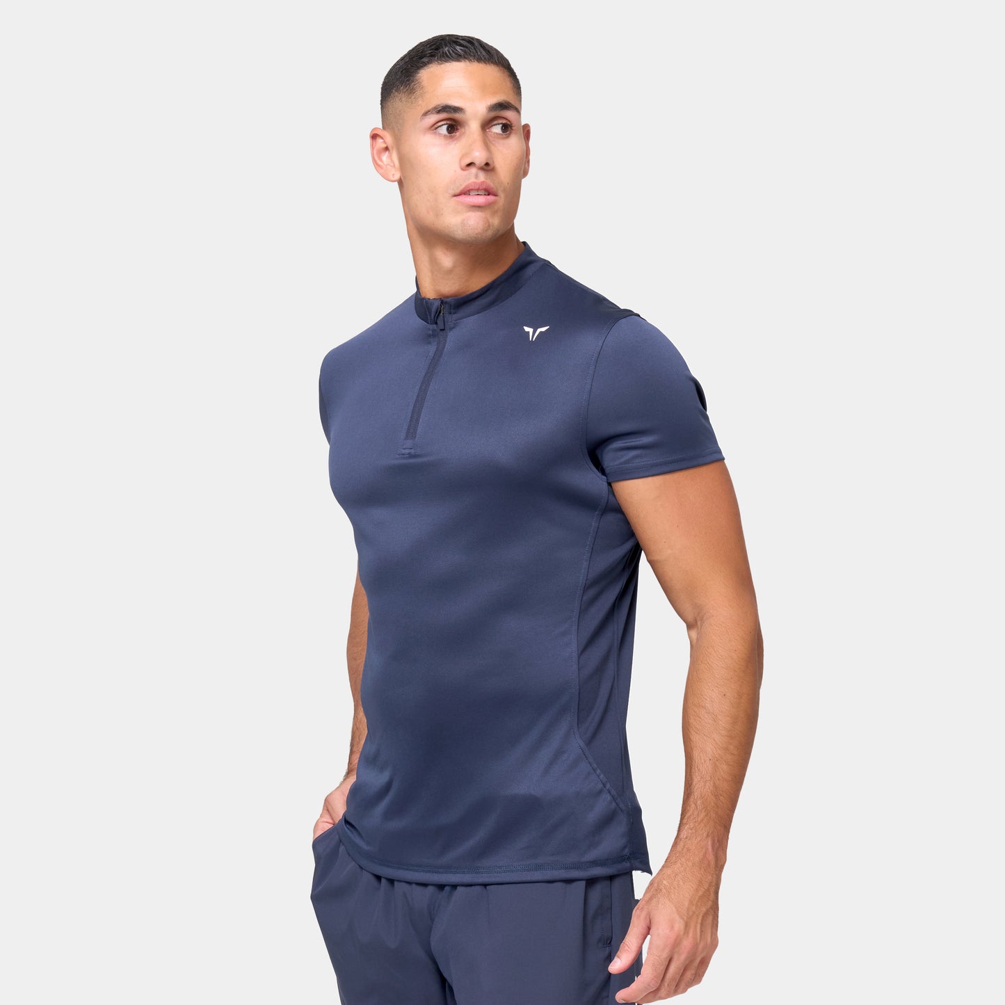 Essential Short Sleeve Zip Up Top - Navy