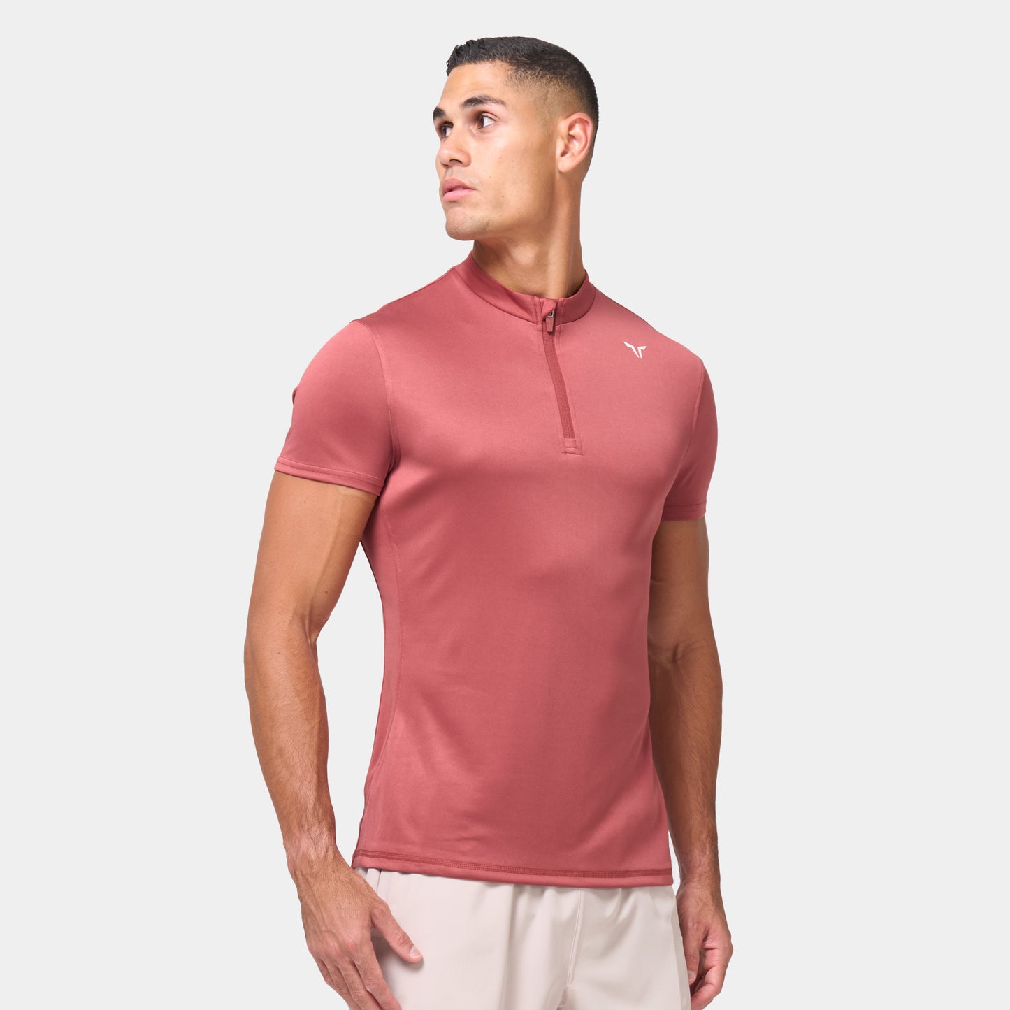 Essential Short Sleeve Zip Up Top - Marsala